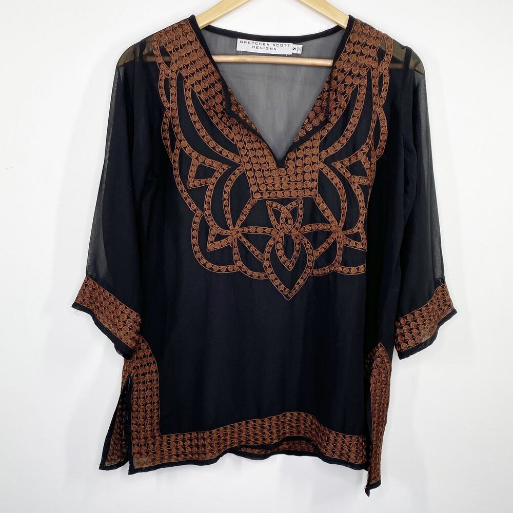 Gretchen Scott Designs Black Brown Embroidered Sheer Blouse Women's Size Small S - Picture 6 of 6